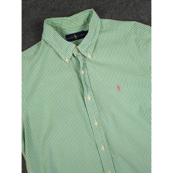 Ralph Lauren Mens Green Seersucker Striped Short Sleeve Button Down Shirt L - Picture 1 of 9